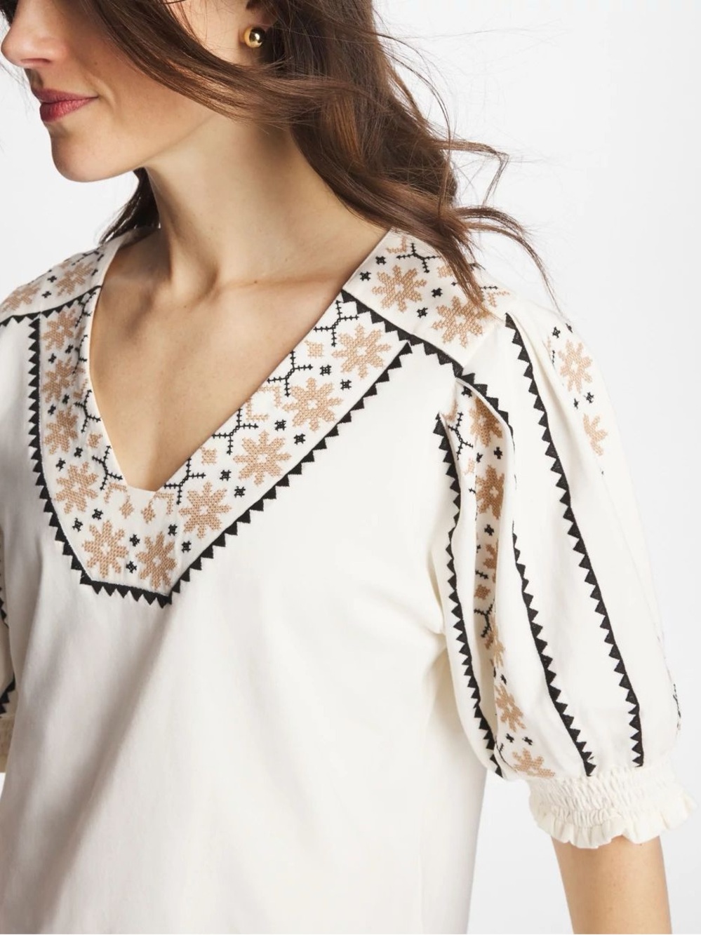 Chico’s Embroidered Smocked Sleeve Top